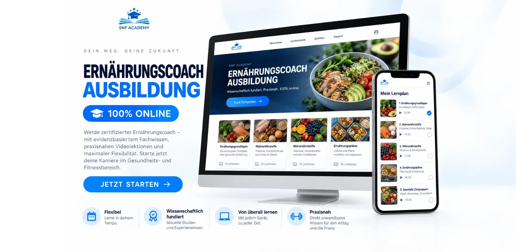 Formation de coach en nutrition en ligne de la SNF Academy : plateforme d'apprentissage sur ordinateur et smartphone, flexible, scientifiquement fondée, 100 % en ligne