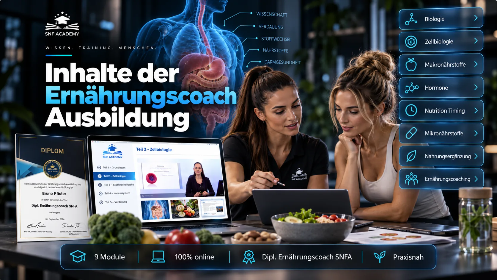 Contenus de la formation de coach en nutrition : 9 modules, 100 % en ligne, diplôme de coach en nutrition SNFA, avec biologie, macronutriments, hormones et coaching