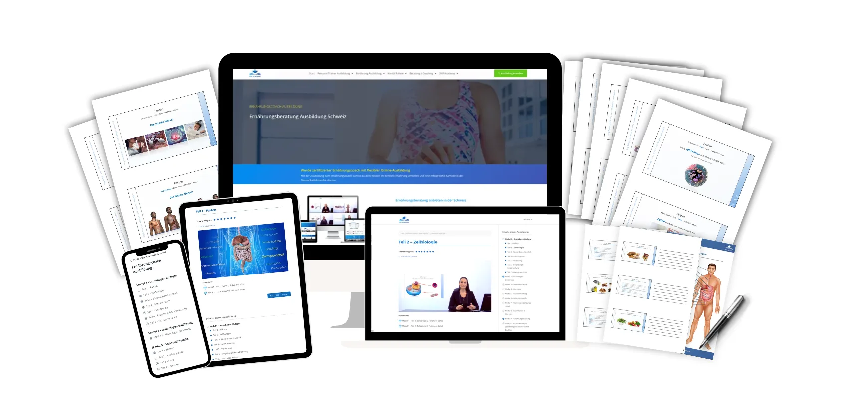 Supports de la formation de coach en nutrition : cours en ligne, polycopiés et feuilles d'exercices sur ordinateur portable, tablette et smartphone