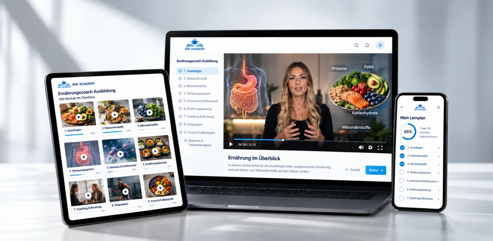 Formation de coach en nutrition : aperçu des modules sur tablette, cours vidéo sur l'alimentation sur ordinateur portable et plan d'apprentissage avec progression sur smartphone