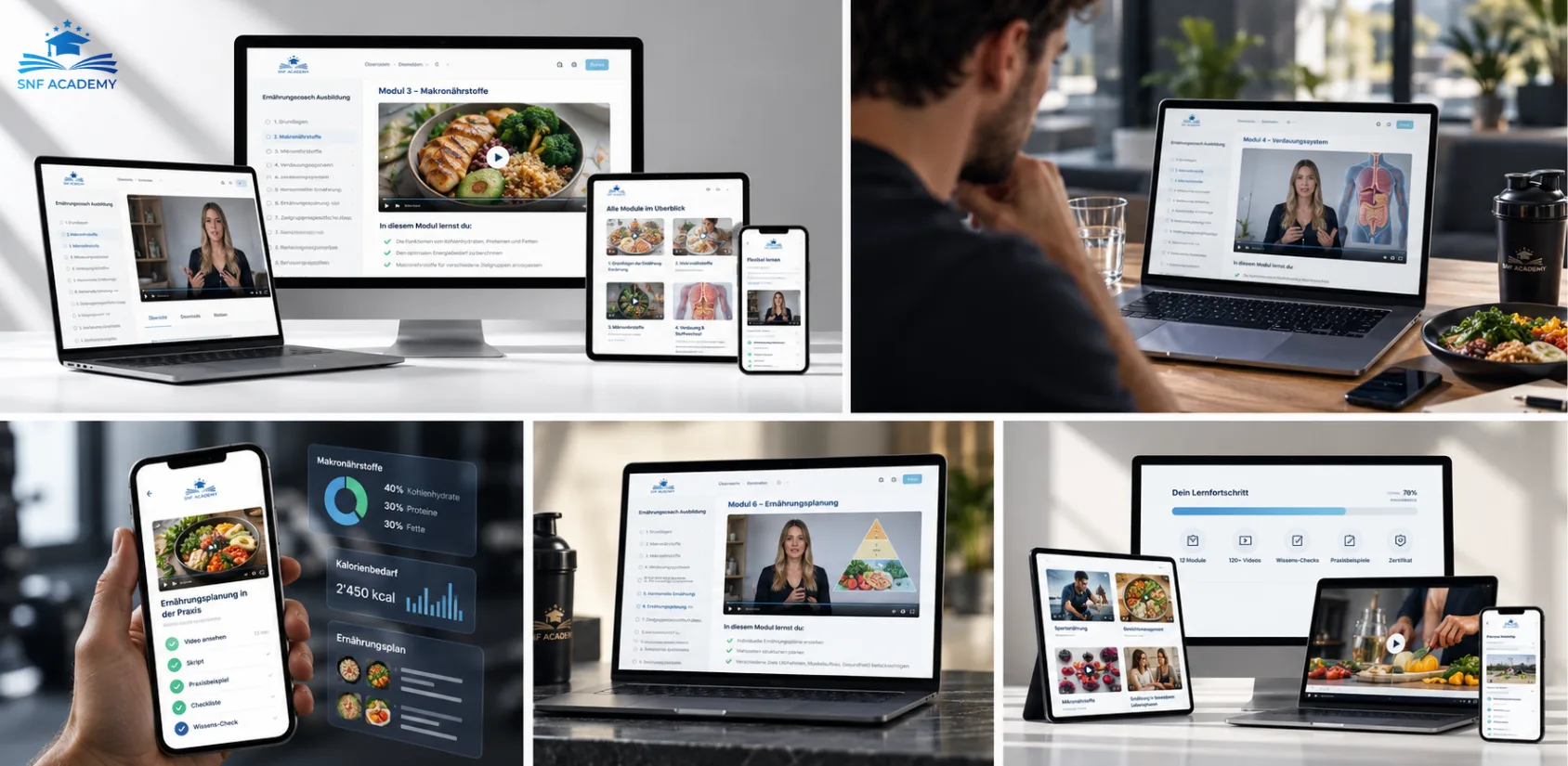 Collage sur la formation de coach en nutrition : cours vidéo sur ordinateur portable, analyse des macronutriments sur smartphone et plateforme d'apprentissage sur tablette
