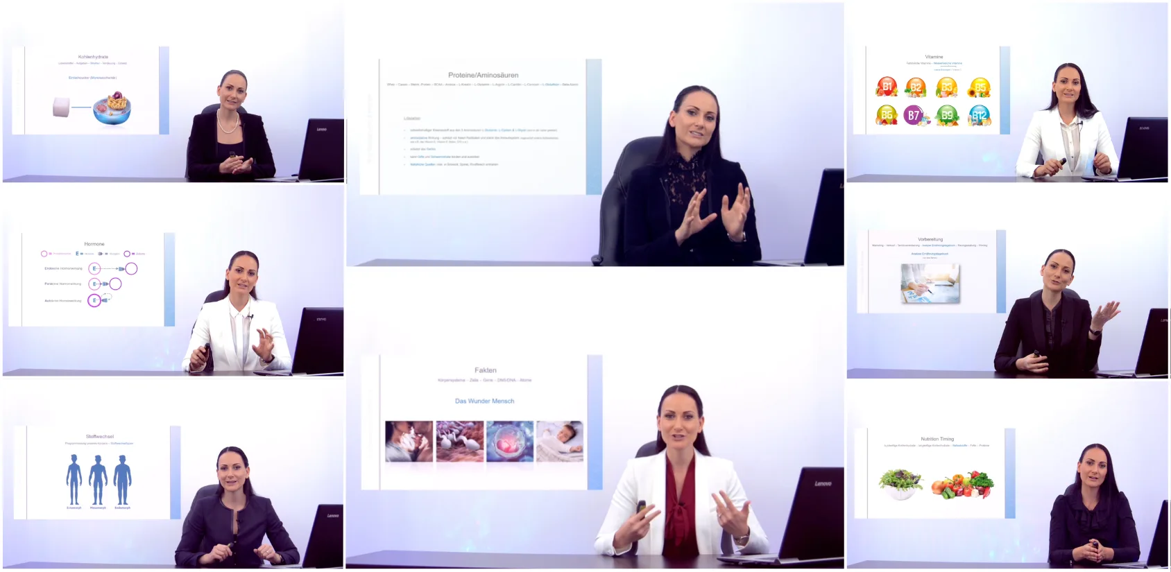 Cours vidéo de la formation de coach en nutrition : une formatrice explique la biologie cellulaire, les hormones, les vitamines et l'alimentation dans l'aperçu des modules