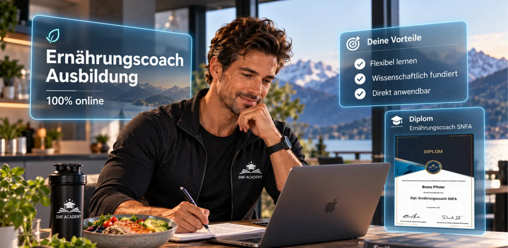 Formation de coach en nutrition 100 % en ligne : un homme apprend avec un ordinateur portable et des notes, avantages flexible, scientifiquement fondé, avec diplôme de coach en nutrition SNFA
