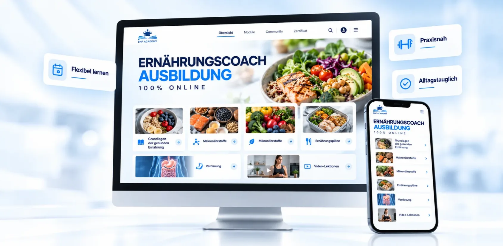 Formation de coach en nutrition en ligne : plateforme avec modules sur les bases, les macronutriments, les micronutriments et les plans alimentaires, sur ordinateur et smartphone
