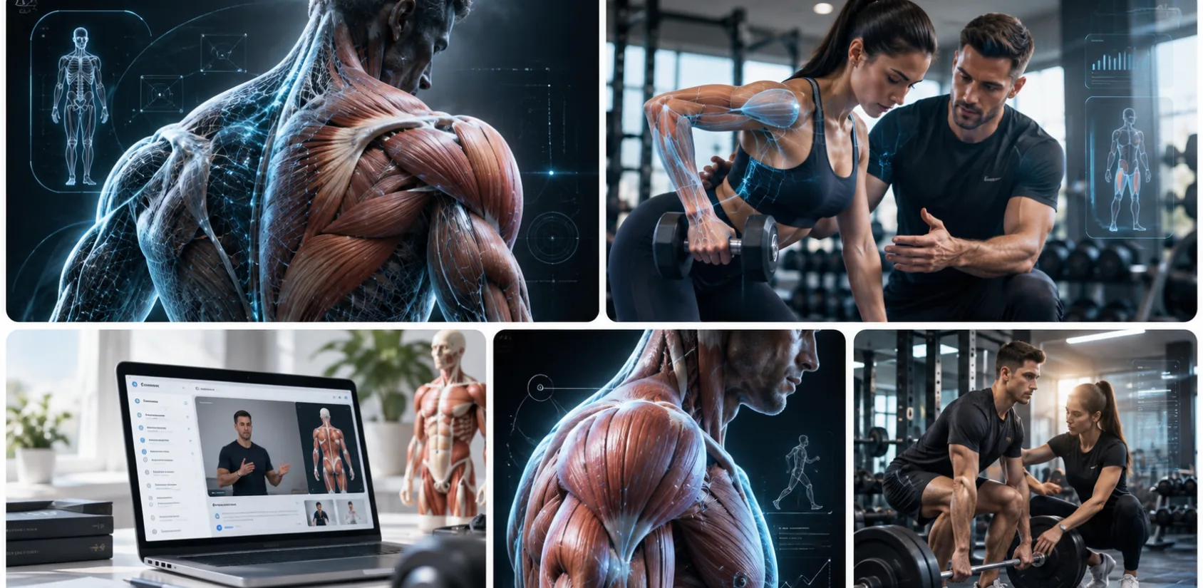 Collage sur la formation de personal trainer : anatomie des muscles, entraînement aux haltères, squat et cours en ligne sur ordinateur portable