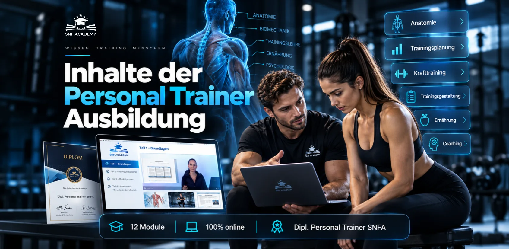 Contenus de la formation de personal trainer de la SNF Academy : 12 modules, 100 % en ligne, diplôme de personal trainer SNFA