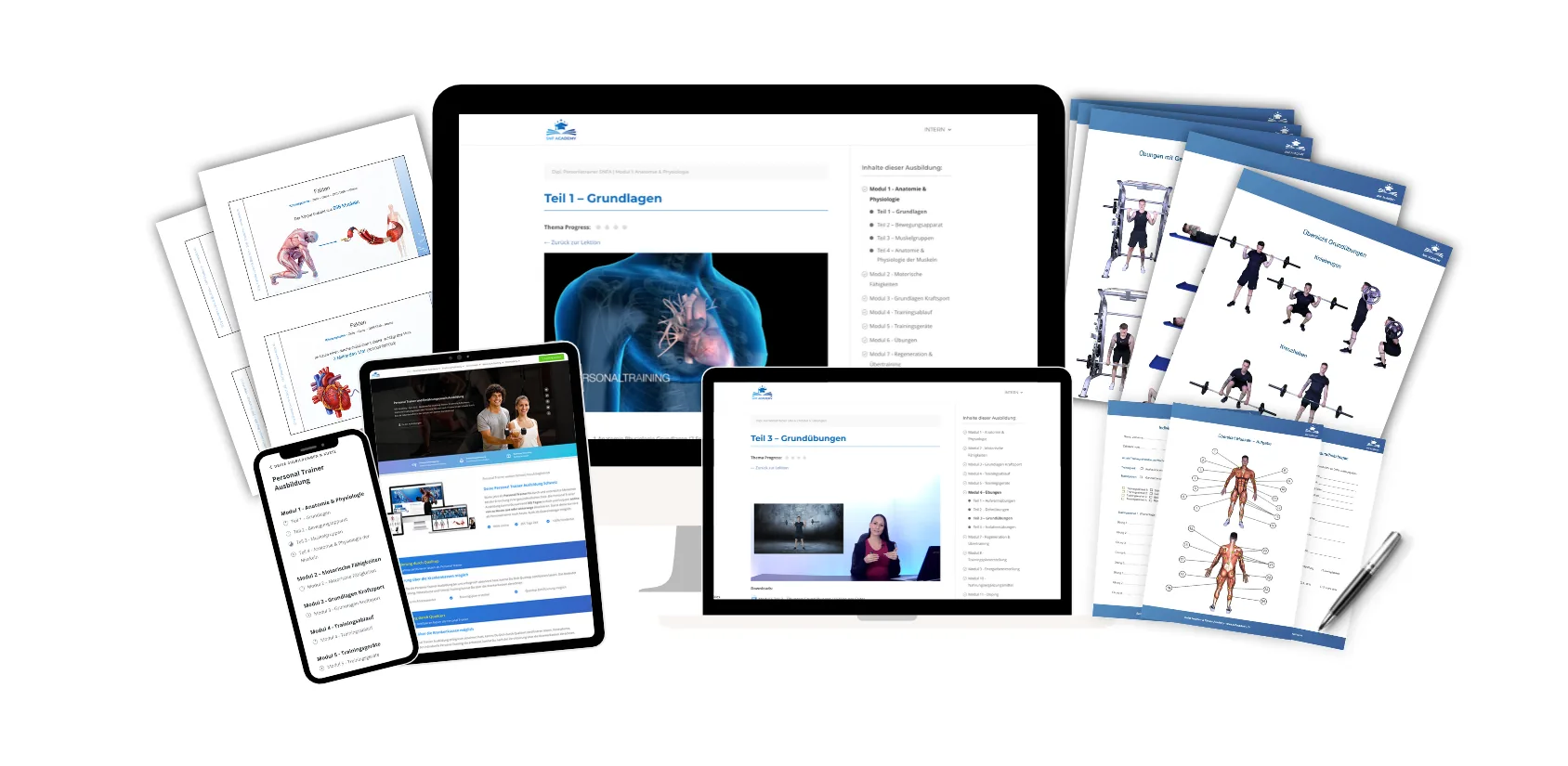 Supports de la formation de personal trainer : cours en ligne, polycopiés, plans d'entraînement et feuilles d'exercices sur ordinateur portable, tablette et smartphone