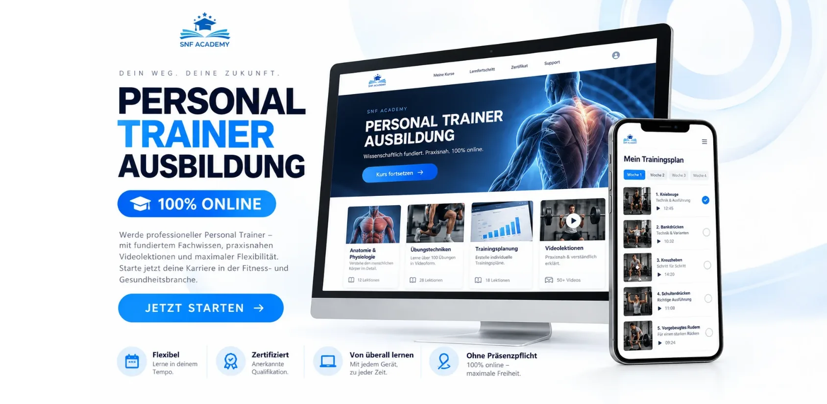 Formation de personal trainer en ligne : plateforme d'apprentissage avec aperçu des cours sur ordinateur et smartphone, commencer maintenant
