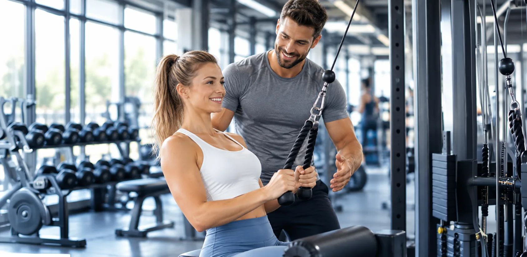 Un personal trainer accompagne une cliente pendant un entraînement de musculation à la poulie dans une salle de fitness