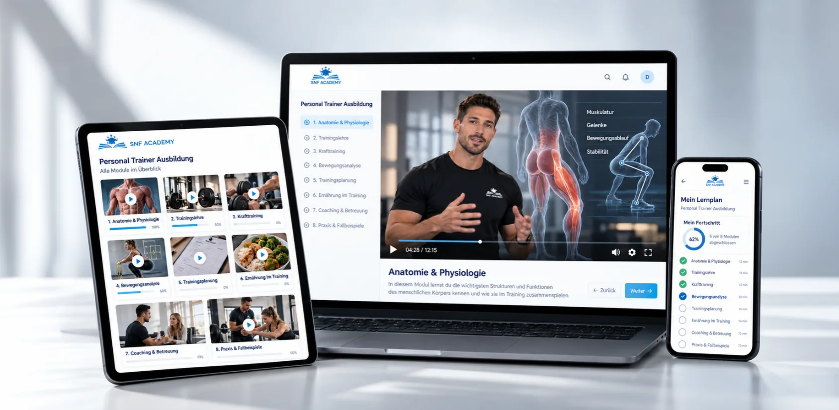 Cours vidéo d'anatomie et de physiologie de la formation de personal trainer avec formateur, aperçu des modules et progression