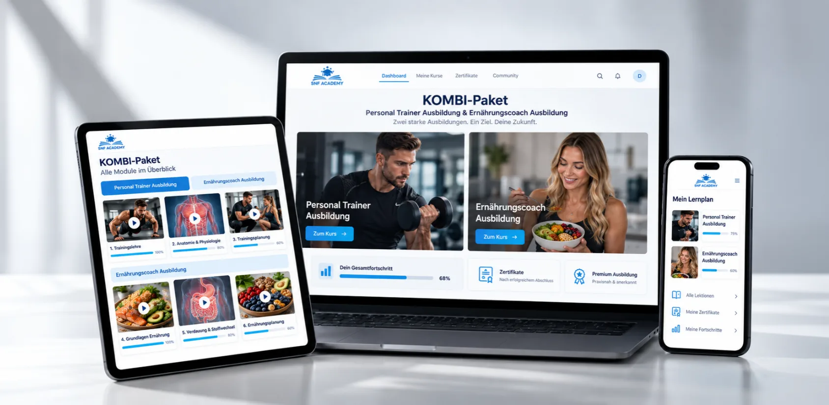 Aperçu des modules du Pack Fitness sur ordinateur portable, tablette et smartphone : formation Personal Trainer et formation Coach en nutrition avec progression d'apprentissage