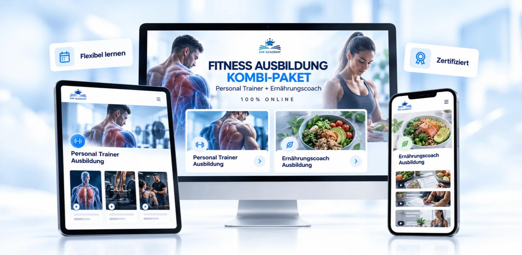 Pack Fitness : plateforme d'apprentissage 100 % en ligne avec les formations Personal Trainer et Coach en nutrition sur ordinateur, tablette et smartphone, flexible et certifié