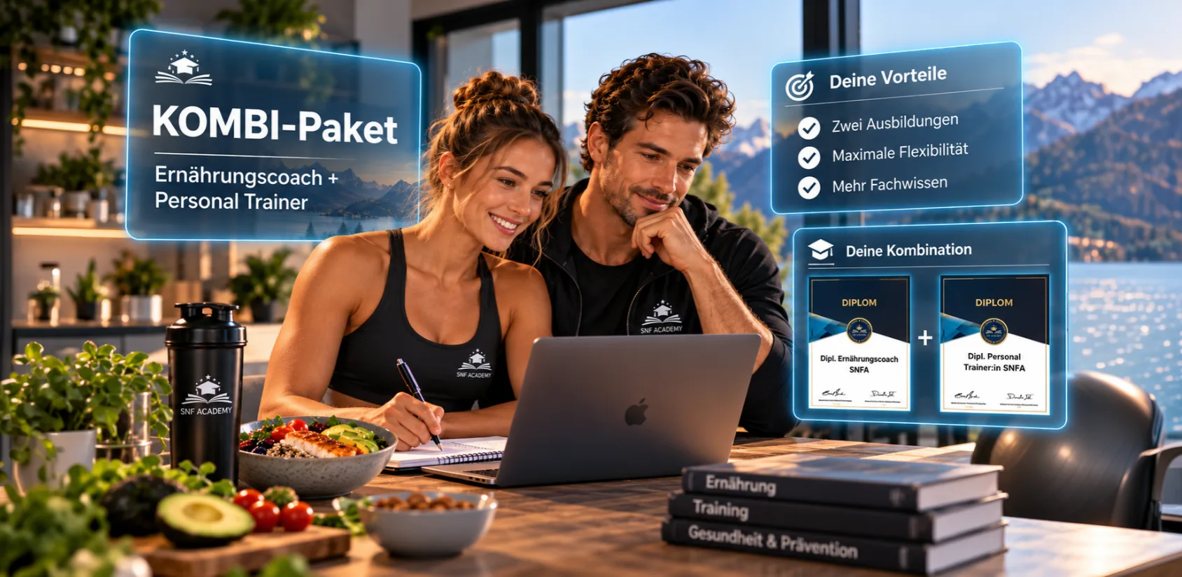 Deux personnes préparent leur pack de formation Personal Trainer et Coach en nutrition à l'ordinateur portable, avec repas sain, livres et aperçu des deux diplômes SNFA