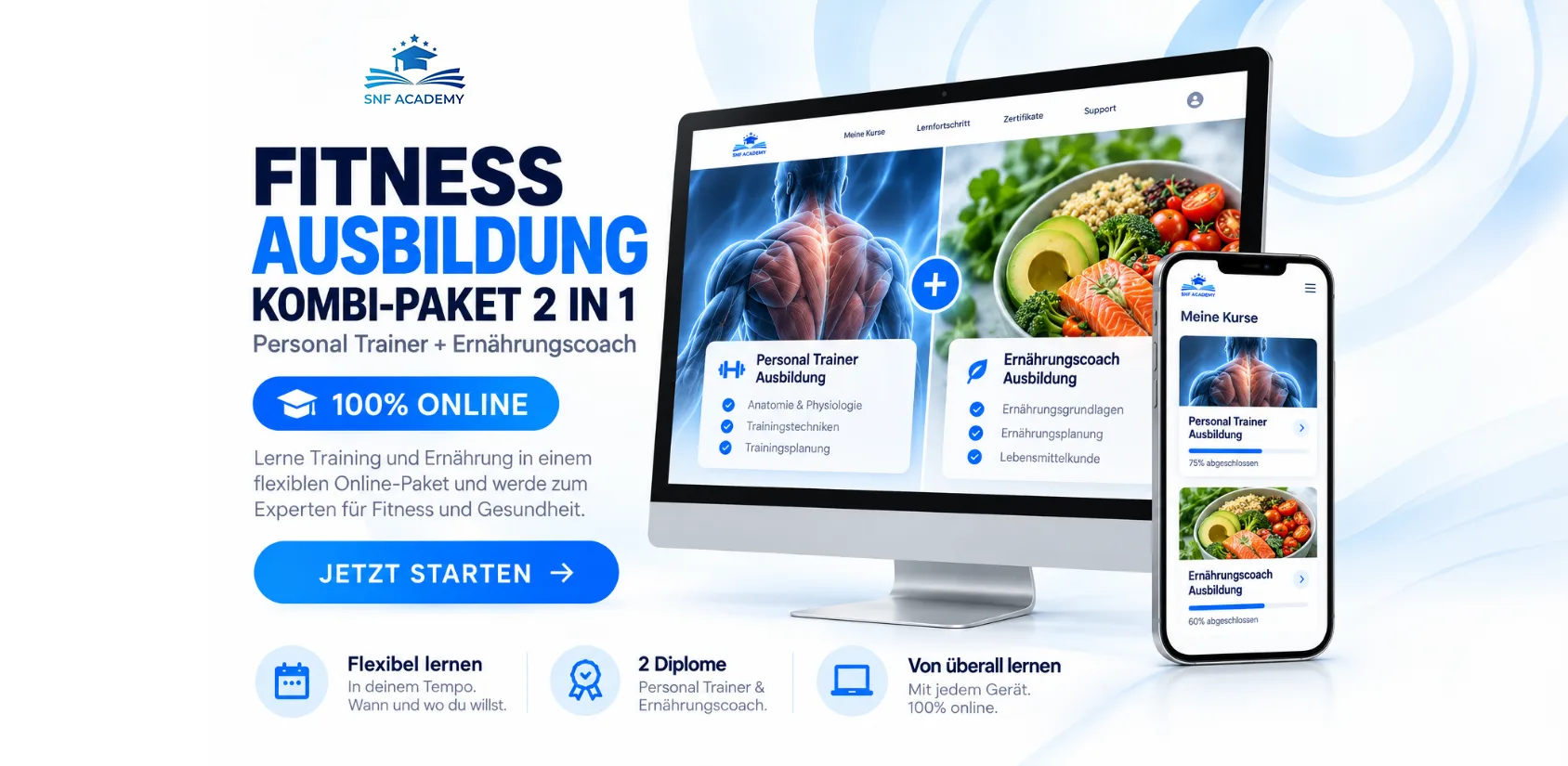 Pack Fitness 2 en 1 de la SNF Academy : formation Personal Trainer et Coach en nutrition, 100 % en ligne, avec ordinateur et smartphone, flexible et deux diplômes
