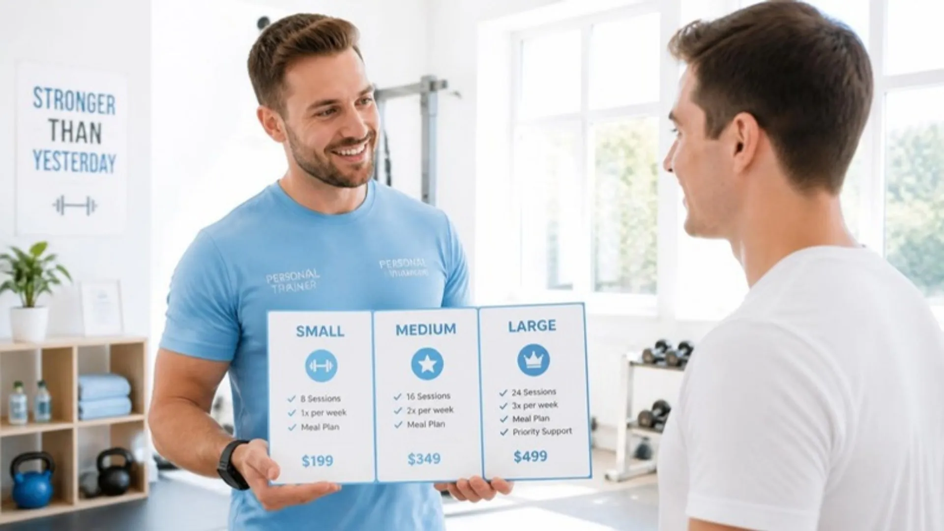 Personal Trainer und Kundin klatschen nach dem Training ab – Paketrechner der Business-Tools