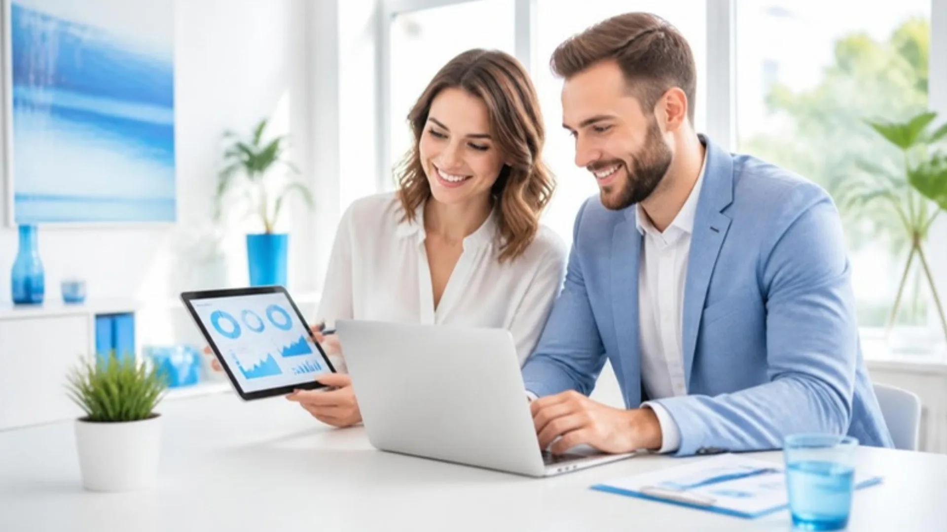 Frau und Mann arbeiten gemeinsam mit den Business-Tools für Coaches der SNF Academy